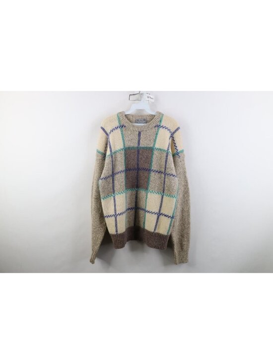 Vintage Sweaters - Vintage 90s Streetwear Womens Large Heavyweight Checkered Wool Knit Sweater